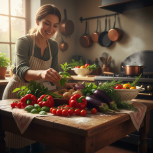 Woman arranging fresh vegetables in a cozy kitchen.