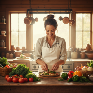 Woman plating food with fresh vegetables in a rustic kitchen.