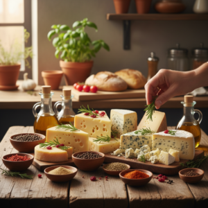 Assorted cheeses with herbs and spices on a wooden table.