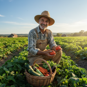 Smiling farmer holding tomatoes in a green vegetable field.