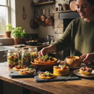 Woman preparing colorful dishes in a cozy kitchen.