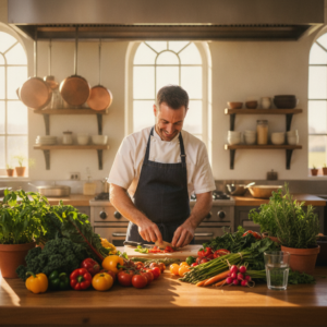 Chef chopping vegetables in a bright kitchen filled with fresh produce.