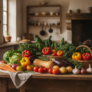 A variety of fresh vegetables displayed on a wooden table in a cozy kitchen.